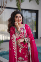 Rani Pink Georgette Embroidered Palazzo Suit with Dupatta