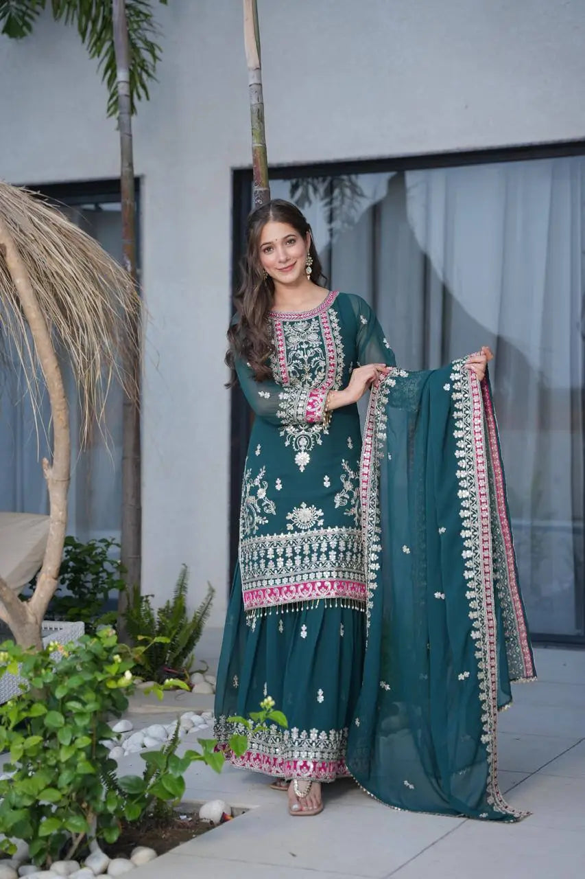 Bottle Green Sequins Embroidery Palazzo Suit for Weddings