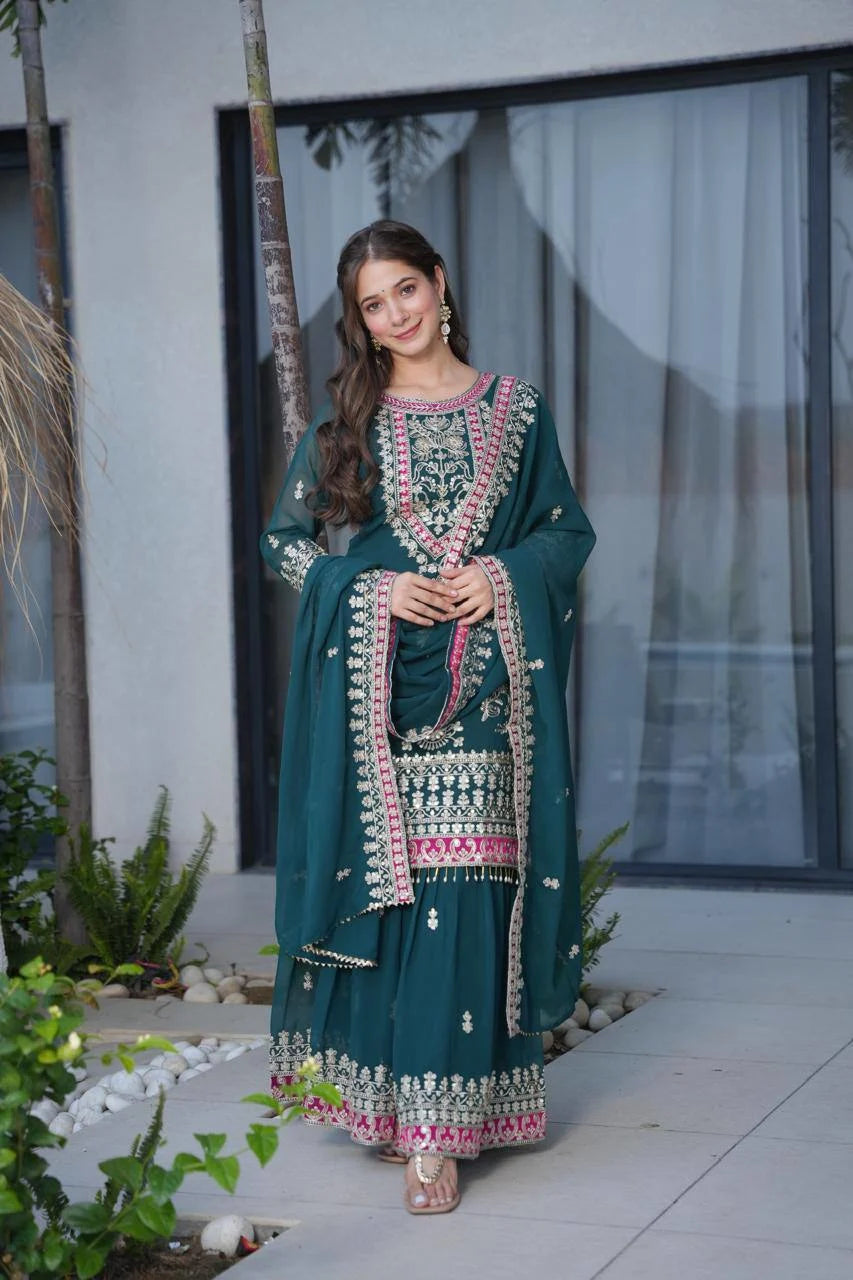 Bottle Green Sequins Embroidery Palazzo Suit for Weddings