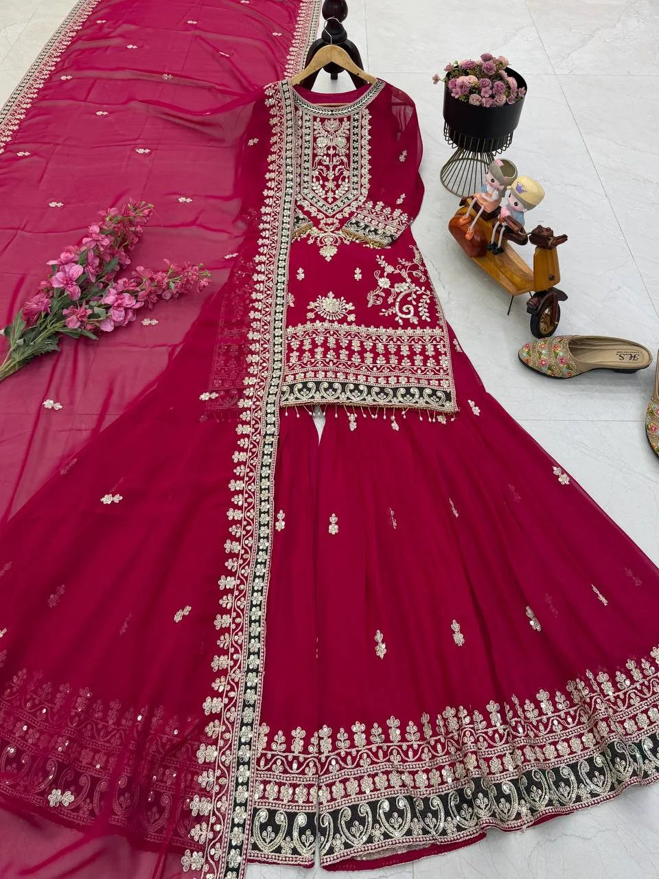 Rani Pink Georgette Embroidered Palazzo Suit with Dupatta