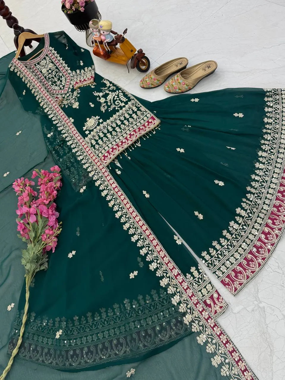 Bottle Green Sequins Embroidery Palazzo Suit for Weddings