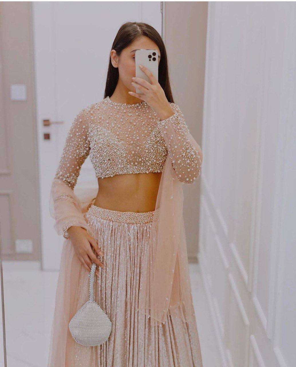 Champagne Nude Satin Silk Lehenga Set with Sequins & Net Dupatta