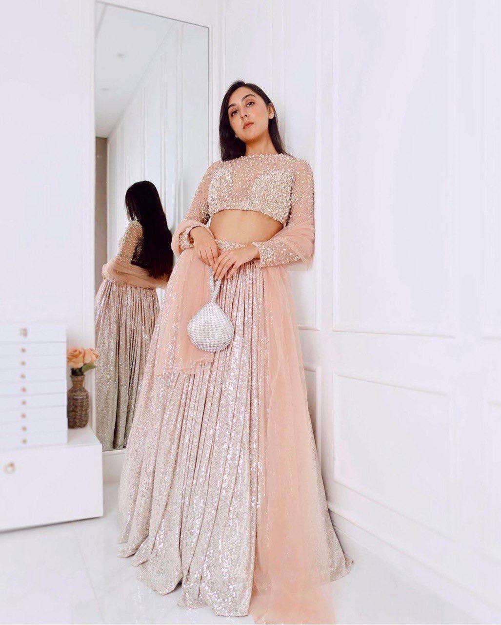 Champagne Nude Satin Silk Lehenga Set with Sequins & Net Dupatta