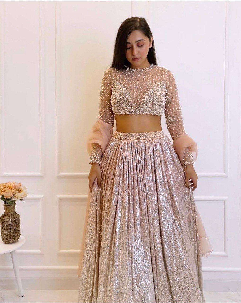 Champagne Nude Satin Silk Lehenga Set with Sequins & Net Dupatta