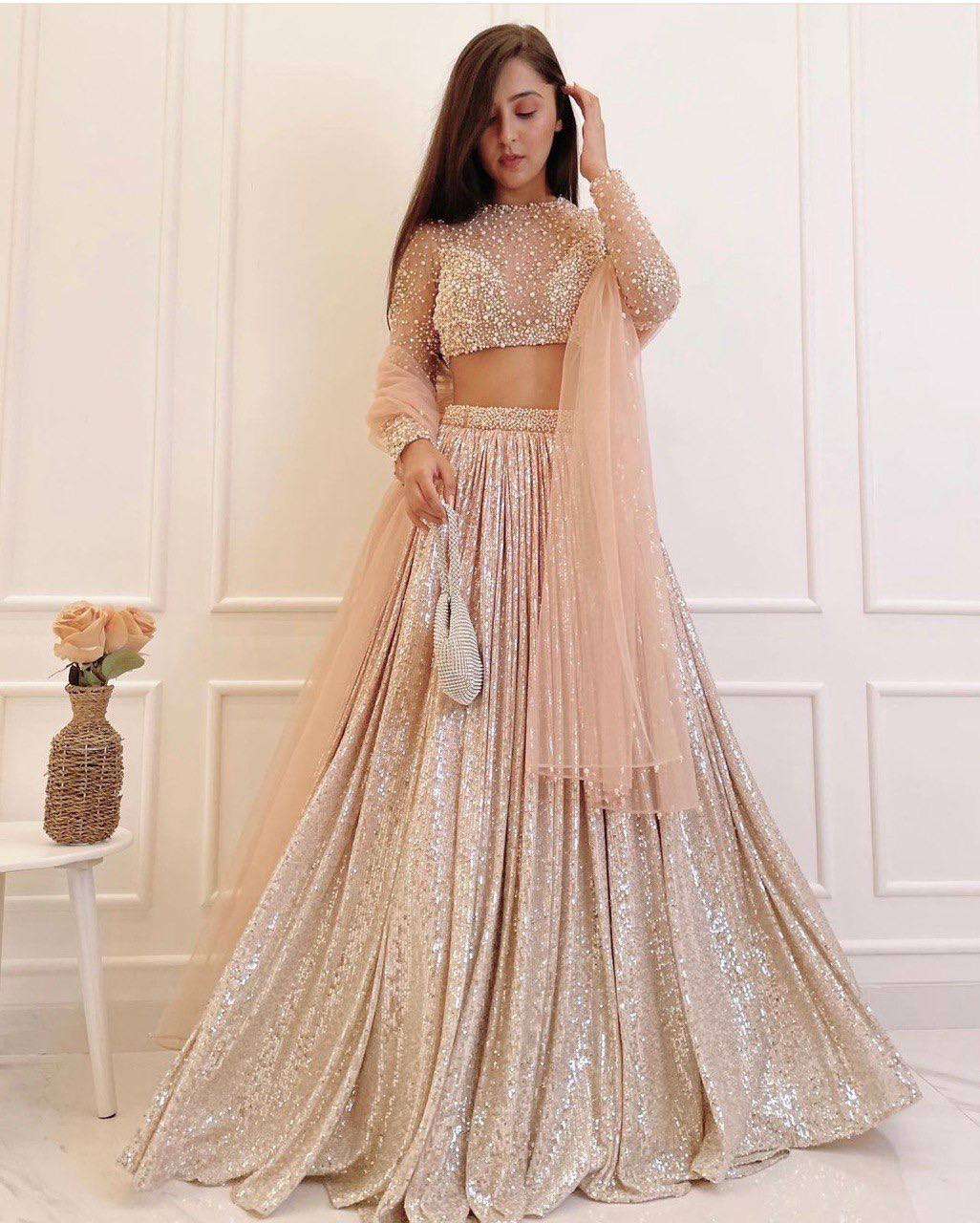 Champagne Nude Satin Silk Lehenga Set with Sequins & Net Dupatta