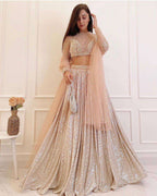 Champagne Nude Satin Silk Lehenga Set with Sequins & Net Dupatta