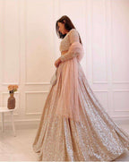 Champagne Nude Satin Silk Lehenga Set with Sequins & Net Dupatta