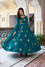 Elegant Rama Thread & Sequins Embroidered Gown with Dupatta