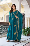 Elegant Rama Thread & Sequins Embroidered Gown with Dupatta