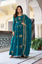 Elegant Rama Thread & Sequins Embroidered Gown with Dupatta