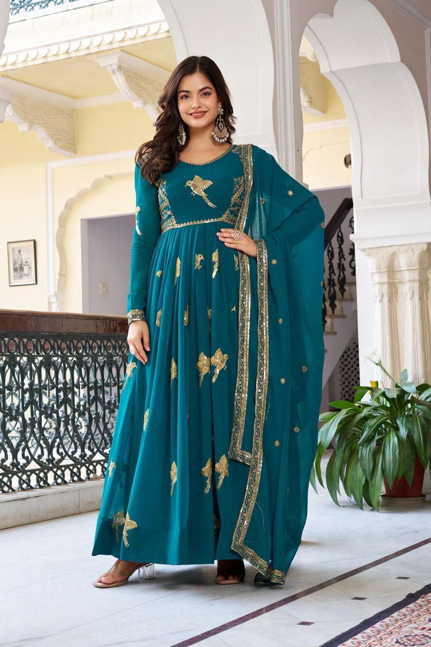 Elegant Rama Thread & Sequins Embroidered Gown with Dupatta