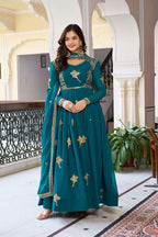 Elegant Rama Thread & Sequins Embroidered Gown with Dupatta