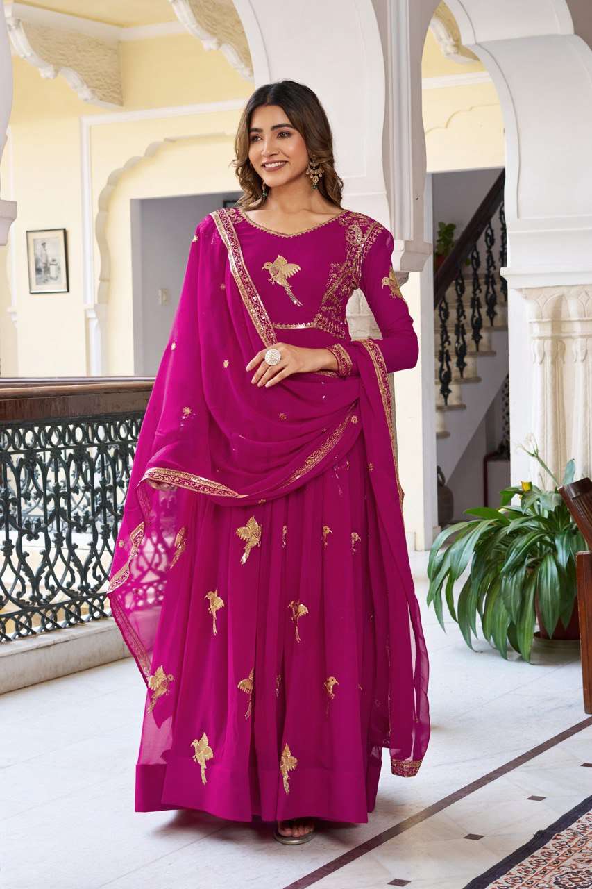 Festive Pink Georgette Gown with Sequins Work