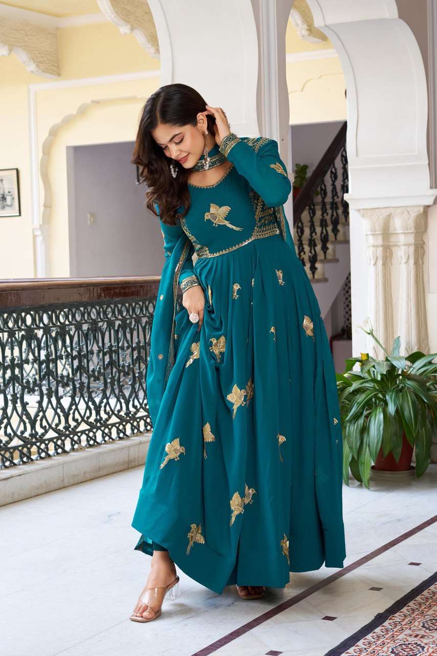 Elegant Rama Thread & Sequins Embroidered Gown with Dupatta