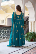Elegant Rama Thread & Sequins Embroidered Gown with Dupatta