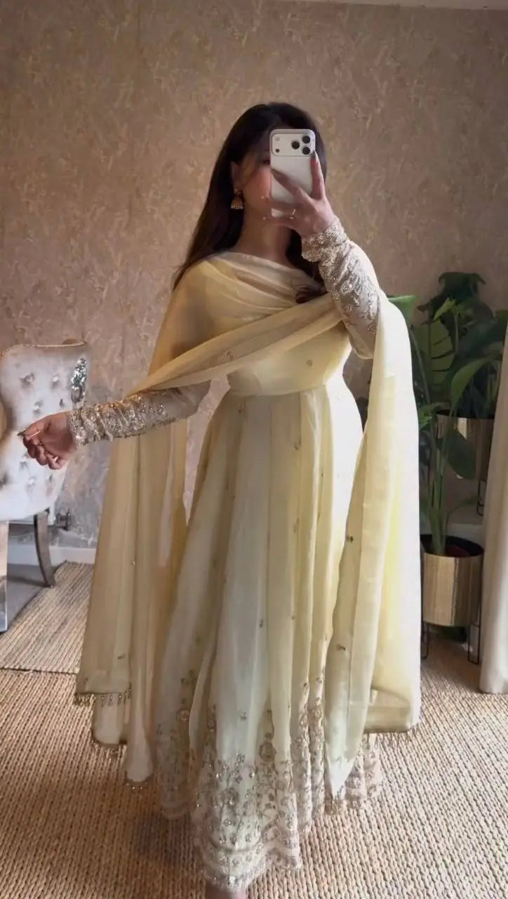Elegant Cream Designer Anarkali Set with Sequins Embroidery