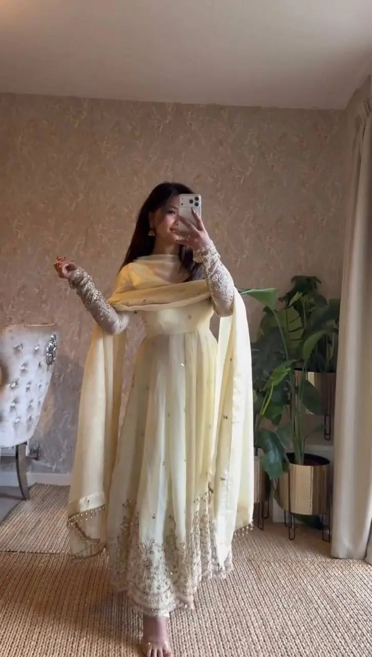 Elegant Cream Designer Anarkali Set with Sequins Embroidery