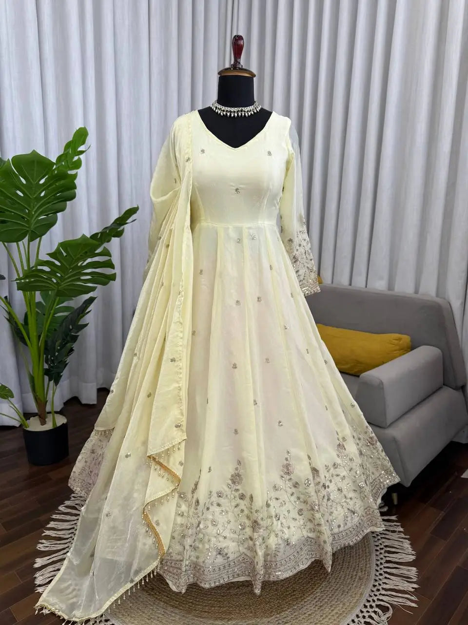 Elegant Cream Designer Anarkali Set with Sequins Embroidery