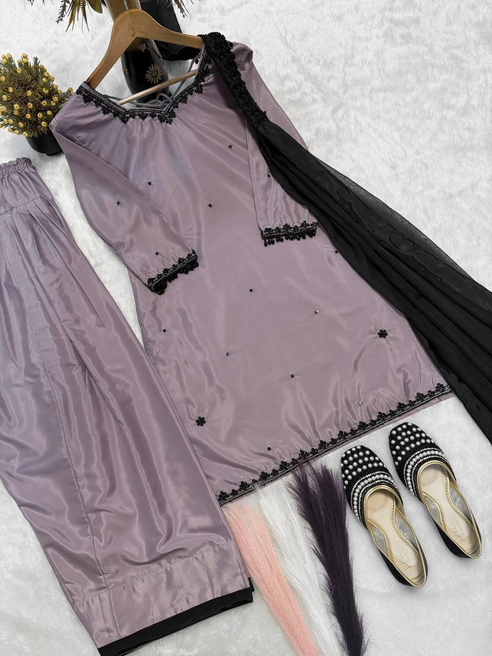 Chic Grey Festive Kurti Palazzo Suit with Dupatta