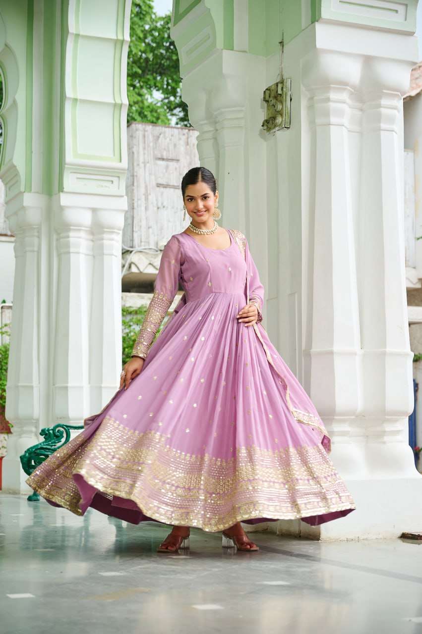 Graceful Lavender Party Wear Gown with Embroidery & Sequin Dupatta