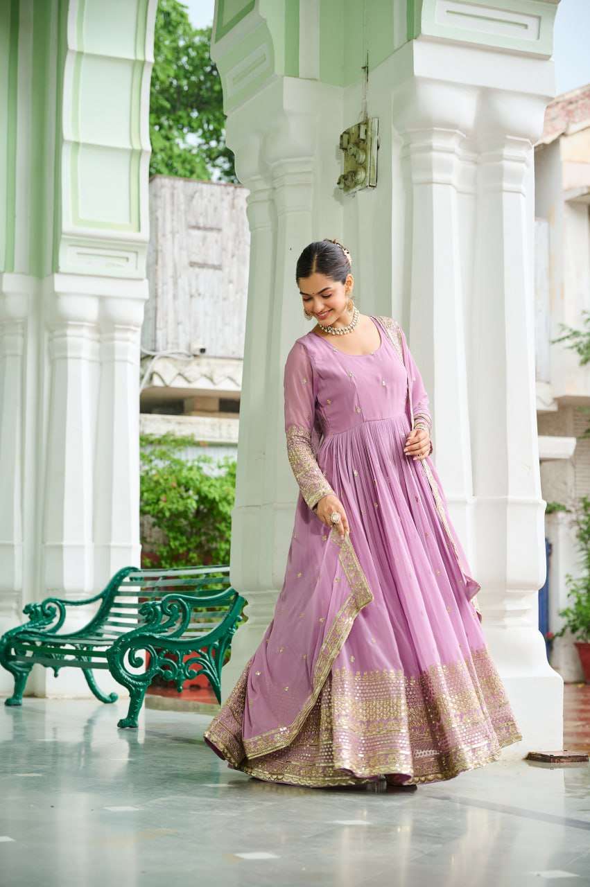 Graceful Lavender Party Wear Gown with Embroidery & Sequin Dupatta