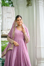 Graceful Lavender Party Wear Gown with Embroidery & Sequin Dupatta