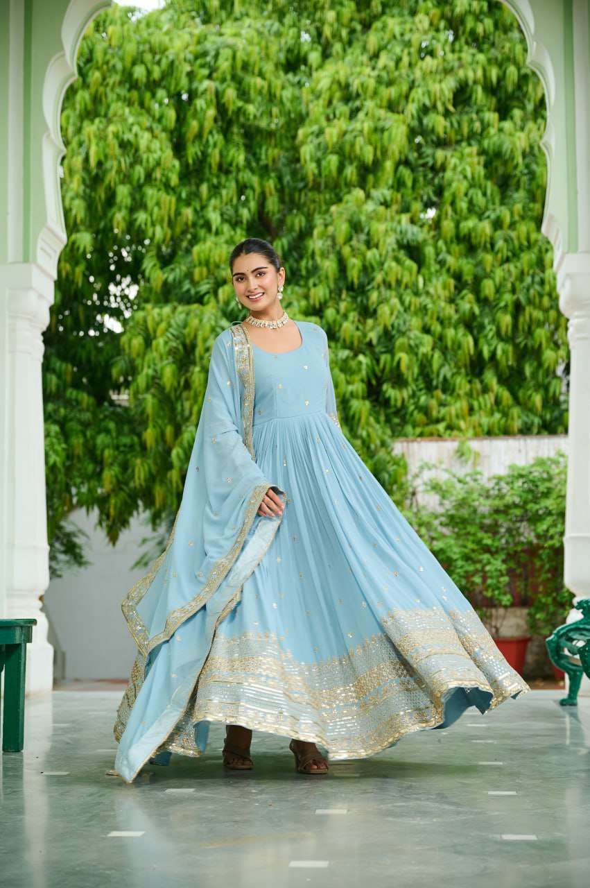 Ready-to-Wear Sky Blue Designer Gown with Embroidered Dupatta