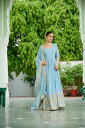 Ready-to-Wear Sky Blue Designer Gown with Embroidered Dupatta