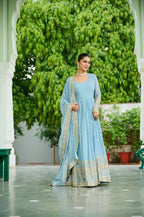 Ready-to-Wear Sky Blue Designer Gown with Embroidered Dupatta