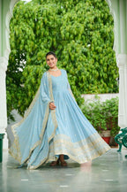 Ready-to-Wear Sky Blue Designer Gown with Embroidered Dupatta