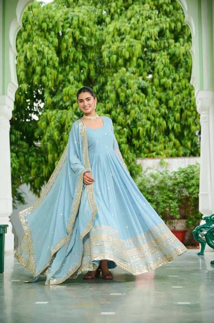 Ready-to-Wear Sky Blue Designer Gown with Embroidered Dupatta