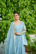 Ready-to-Wear Sky Blue Designer Gown with Embroidered Dupatta