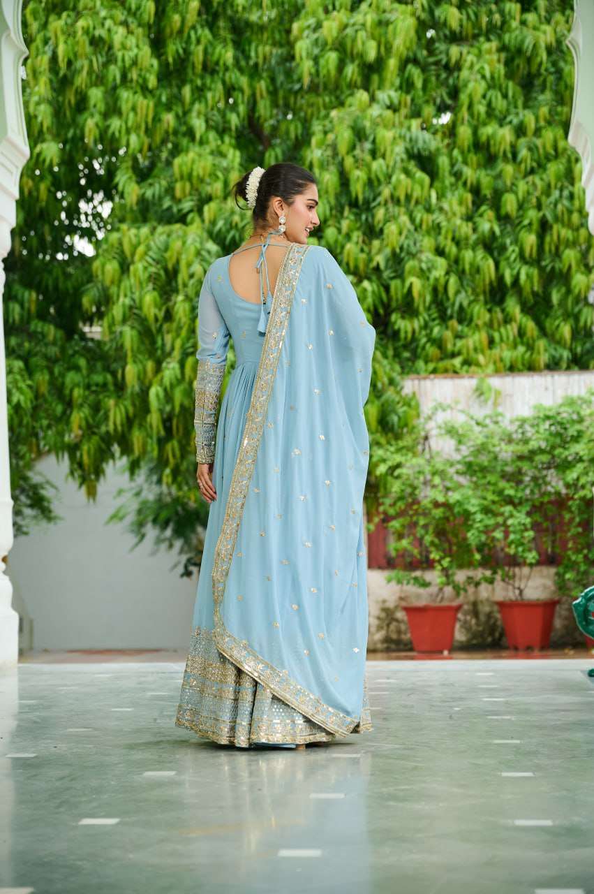 Ready-to-Wear Sky Blue Designer Gown with Embroidered Dupatta