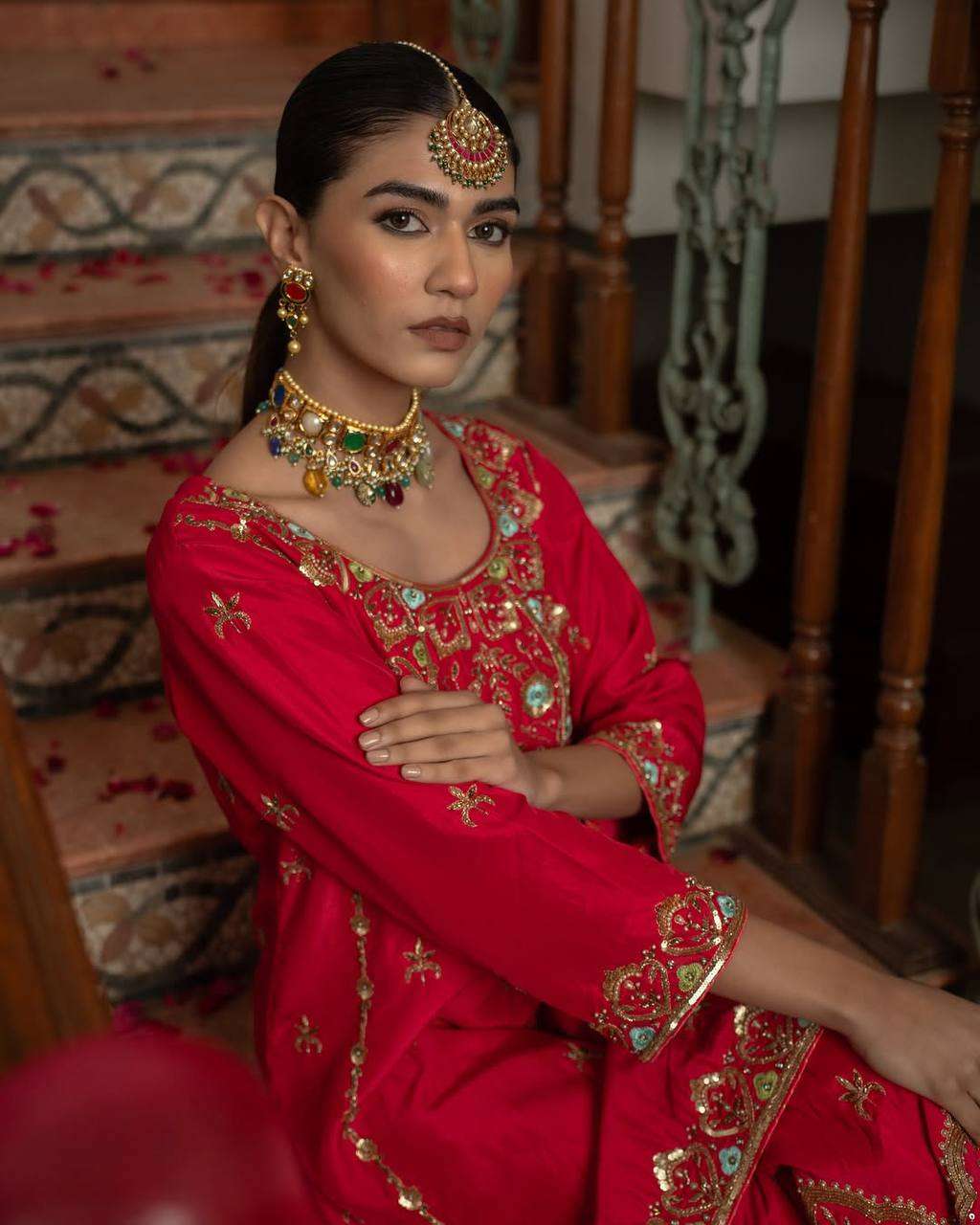 Designer Red Kurti-Sharara with Mirror & Sequin Work