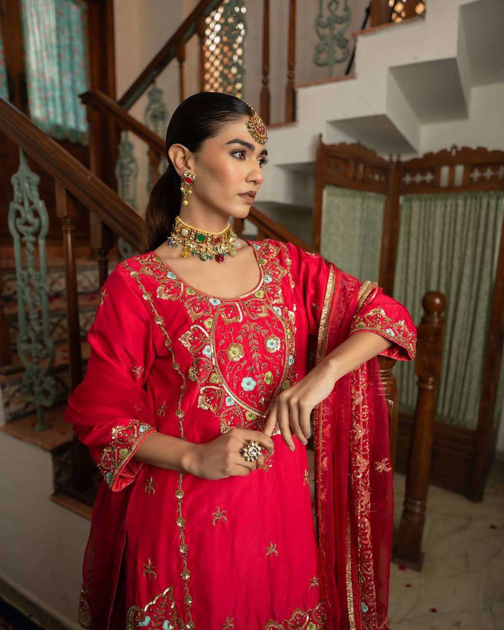 Designer Red Kurti-Sharara with Mirror & Sequin Work