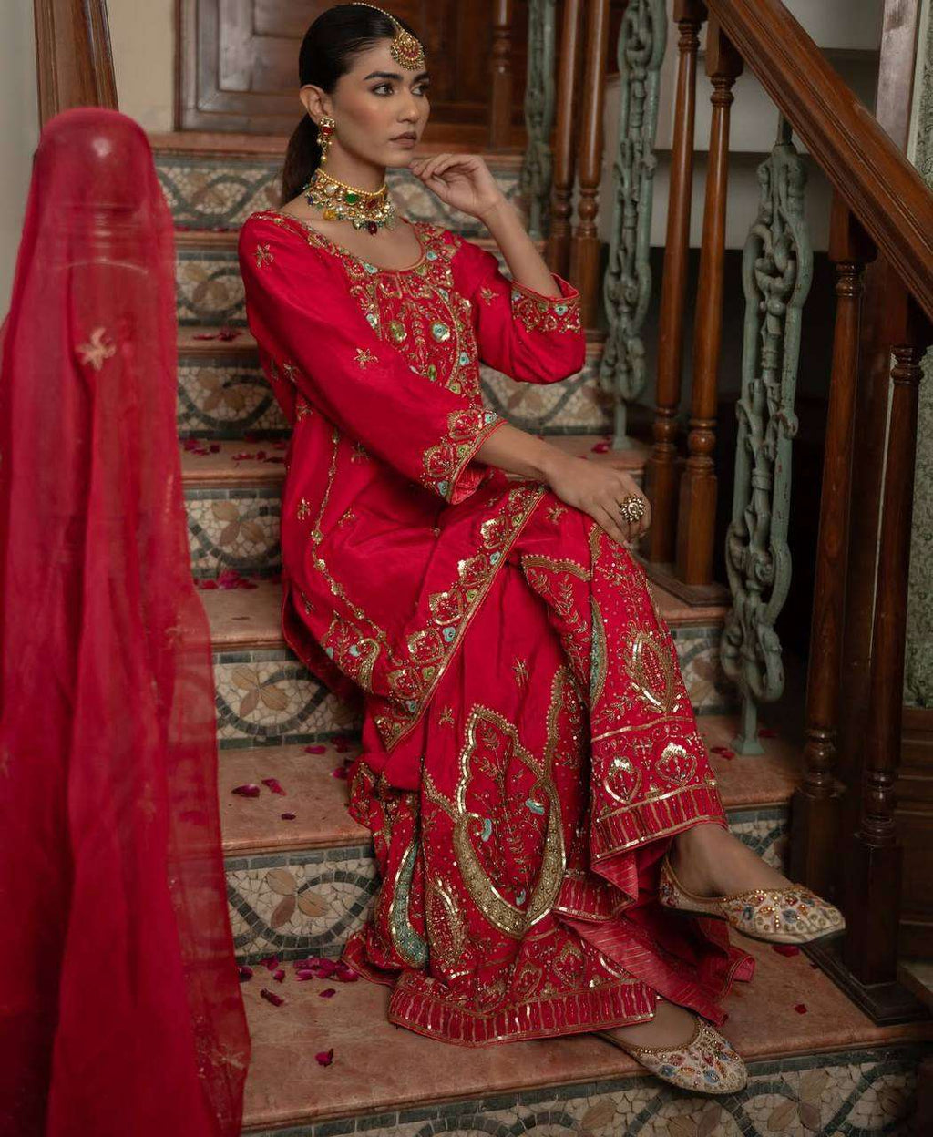 Designer Red Kurti-Sharara with Mirror & Sequin Work