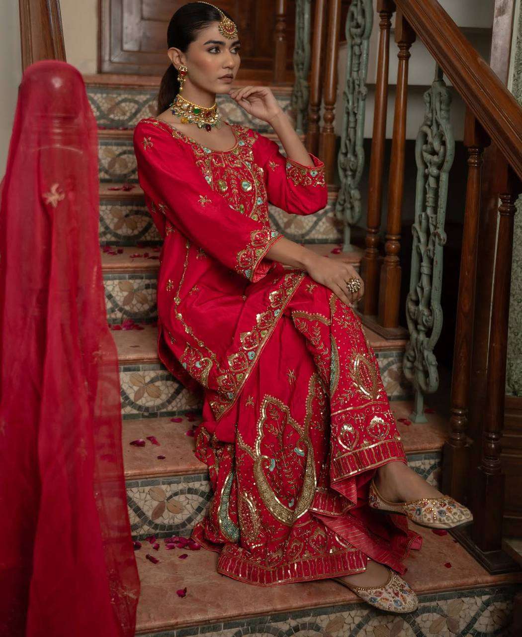 Designer Red Kurti-Sharara with Mirror & Sequin Work