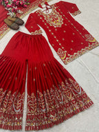 Designer Red Kurti-Sharara with Mirror & Sequin Work