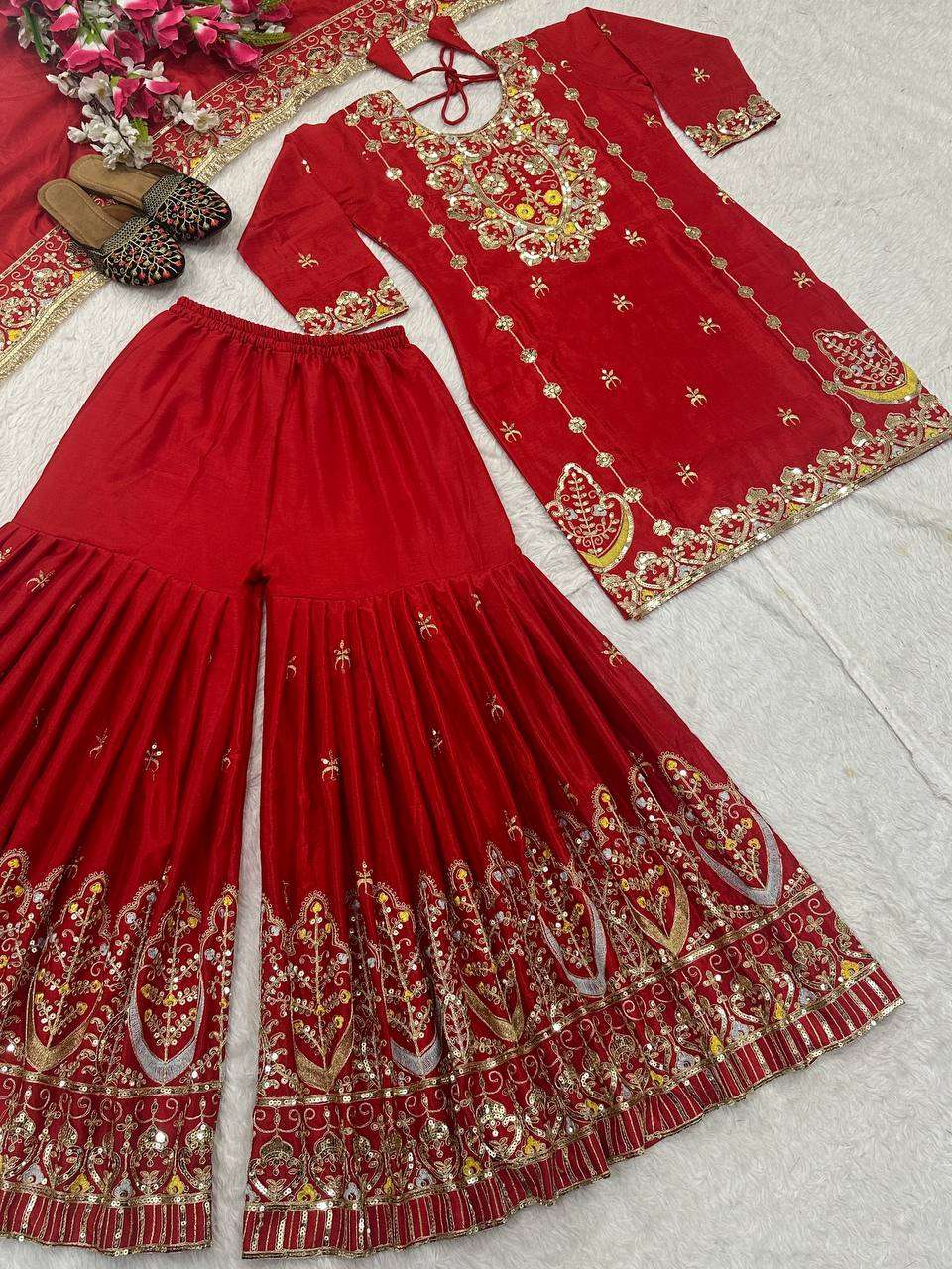 Designer Red Kurti-Sharara with Mirror & Sequin Work