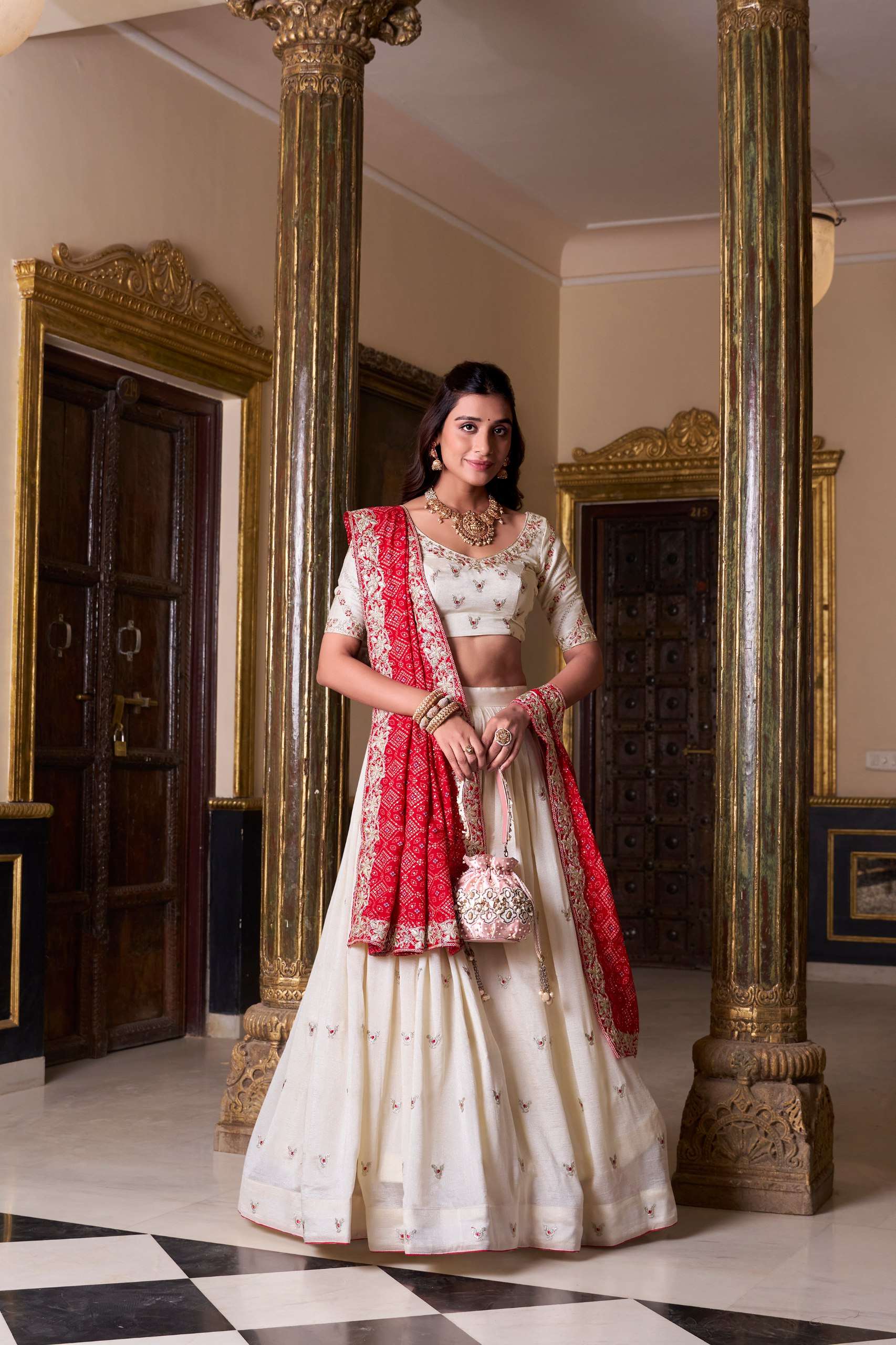 Ivory Embroidered Lehenga with Red Bandhej Dupatta