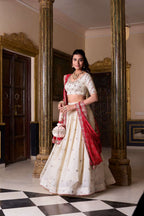 Ivory Embroidered Lehenga with Red Bandhej Dupatta