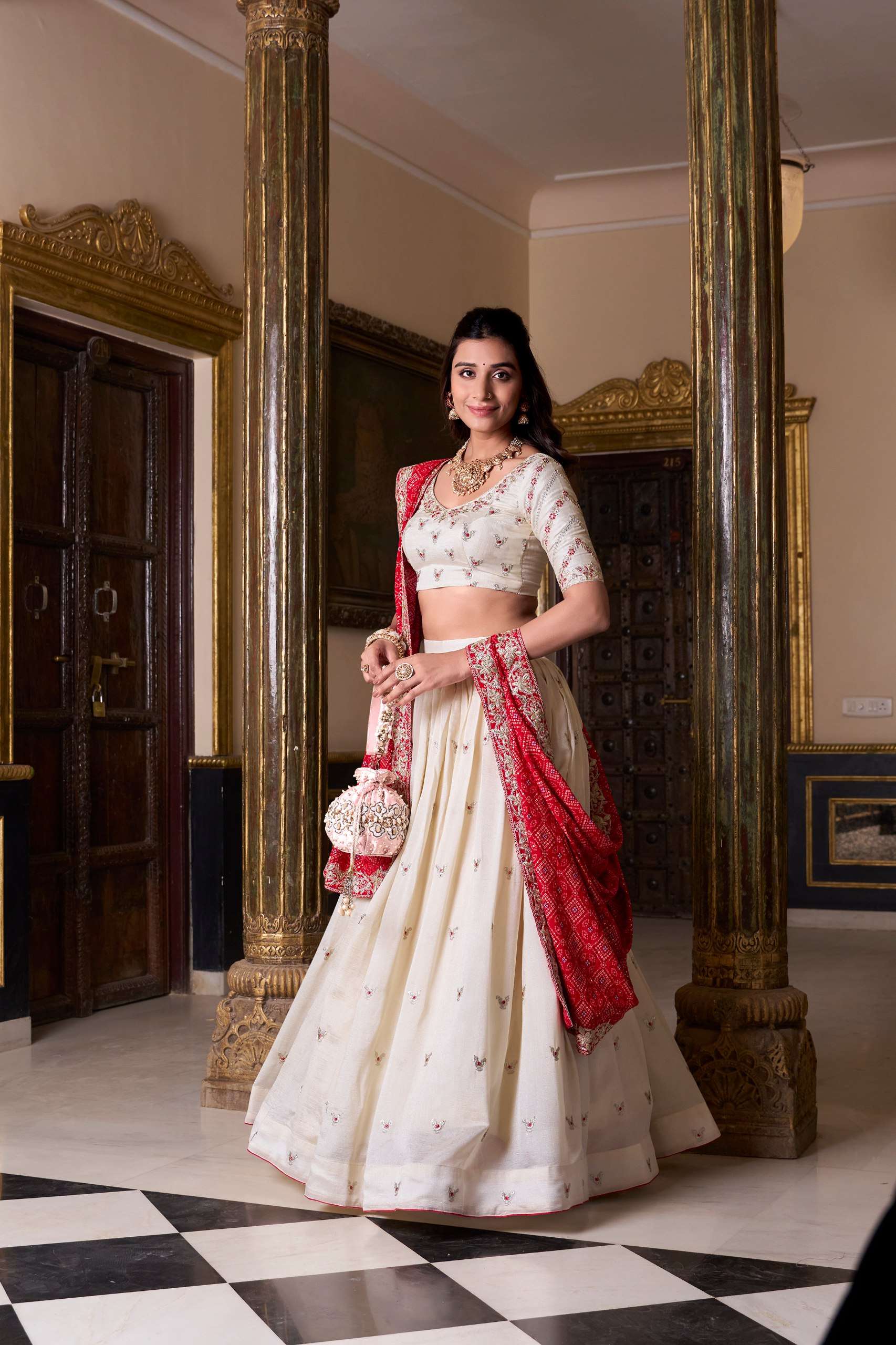 Ivory Embroidered Lehenga with Red Bandhej Dupatta