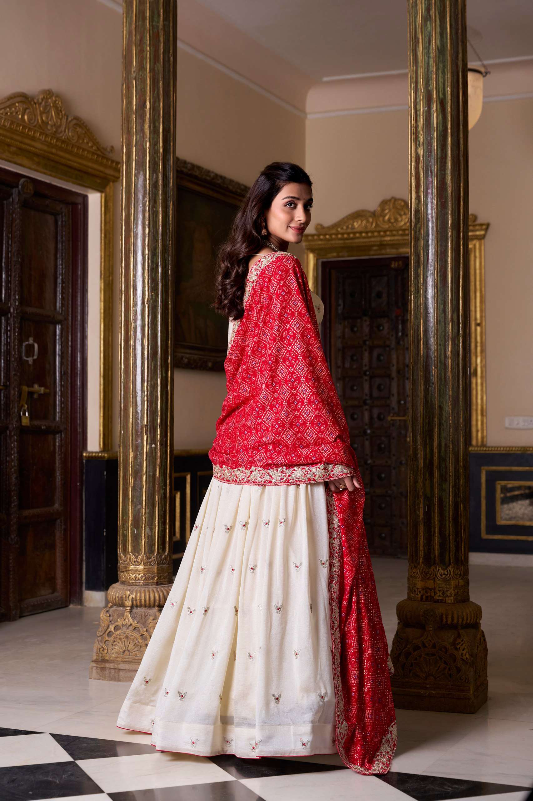 Ivory Embroidered Lehenga with Red Bandhej Dupatta