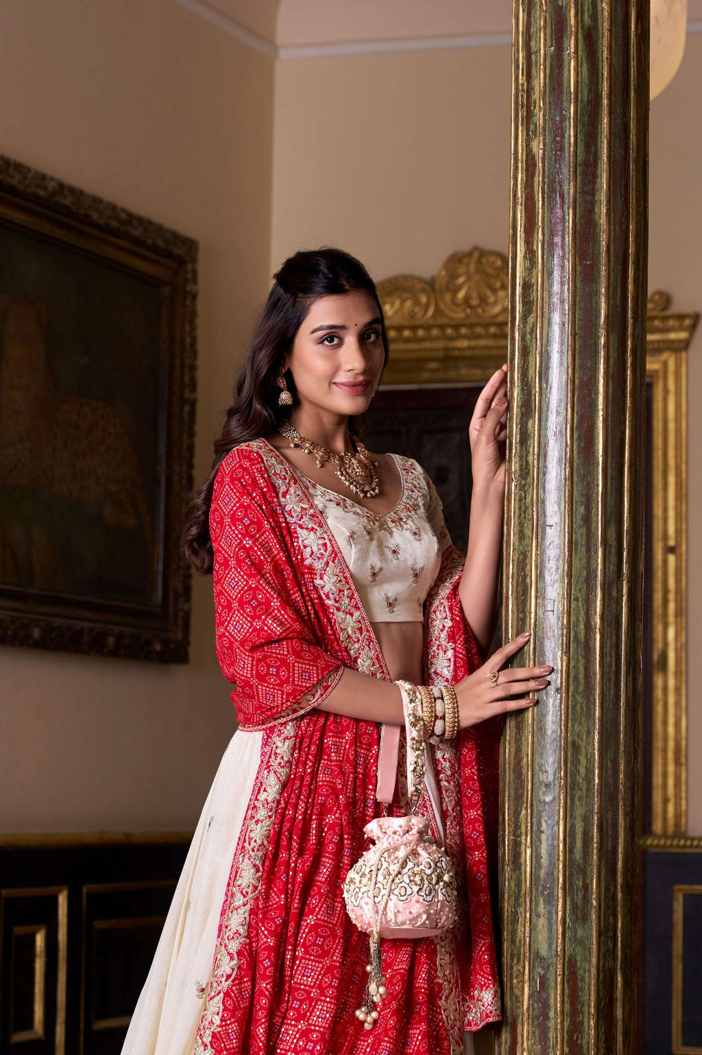 Ivory Embroidered Lehenga with Red Bandhej Dupatta
