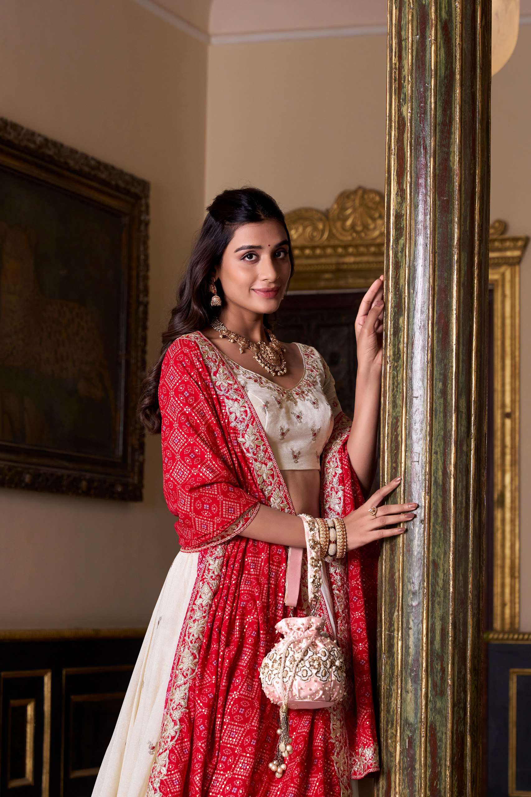 Ivory Embroidered Lehenga with Red Bandhej Dupatta