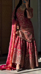 Deep Red Designer Wedding Sharara Palazzo Suit