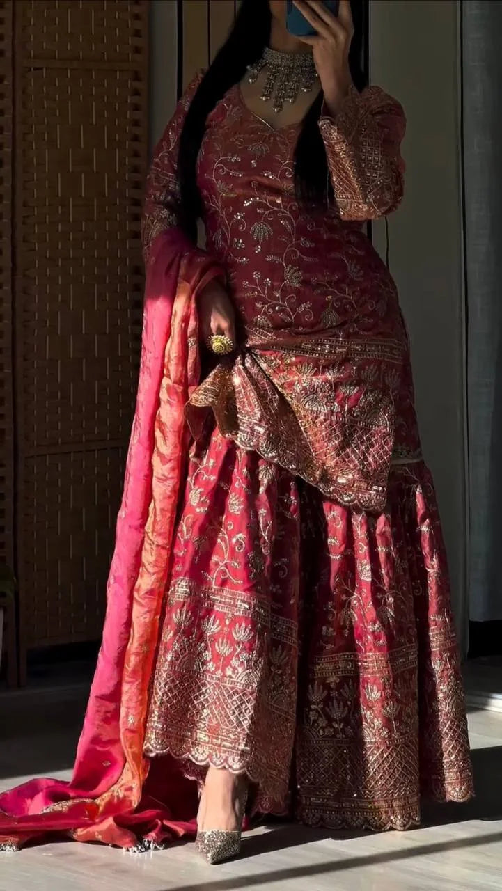Deep Red Designer Wedding Sharara Palazzo Suit