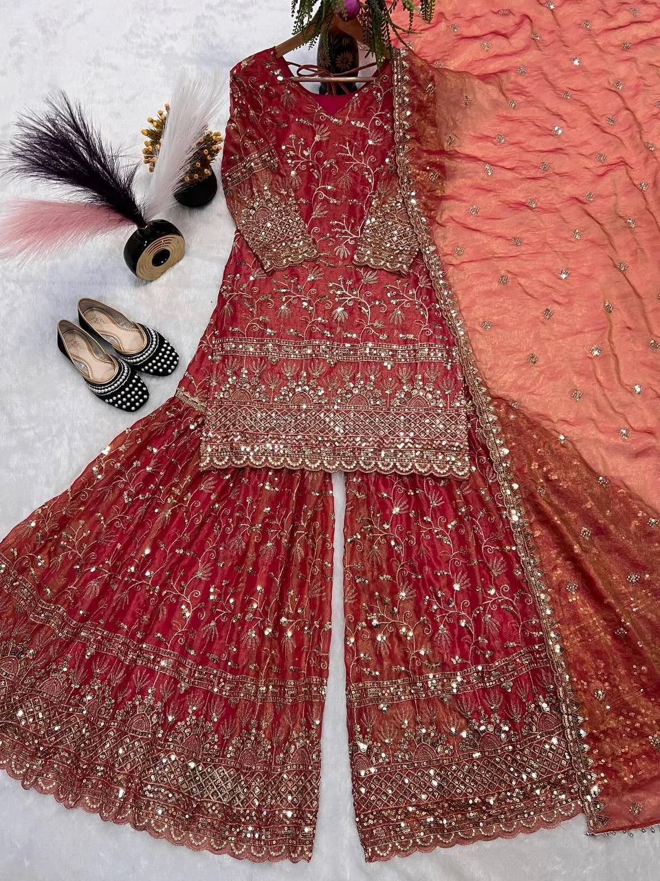 Deep Red Designer Wedding Sharara Palazzo Suit