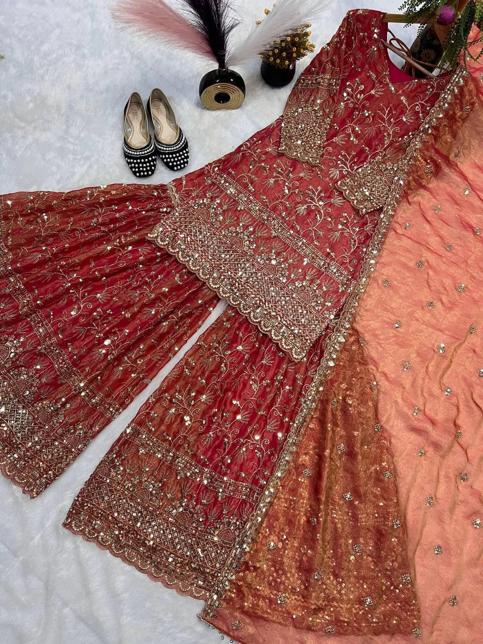 Deep Red Designer Wedding Sharara Palazzo Suit