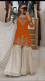 Designer Heavy Look Orange Kurti Gharara Set for Wedding